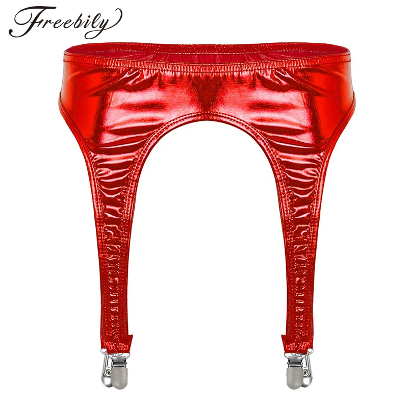 

Women Elastic Waist Shiny Metallic Garter Belt with Four Metal Duck-Mouth Clips Suspender Girdle for Thigh High Stockings