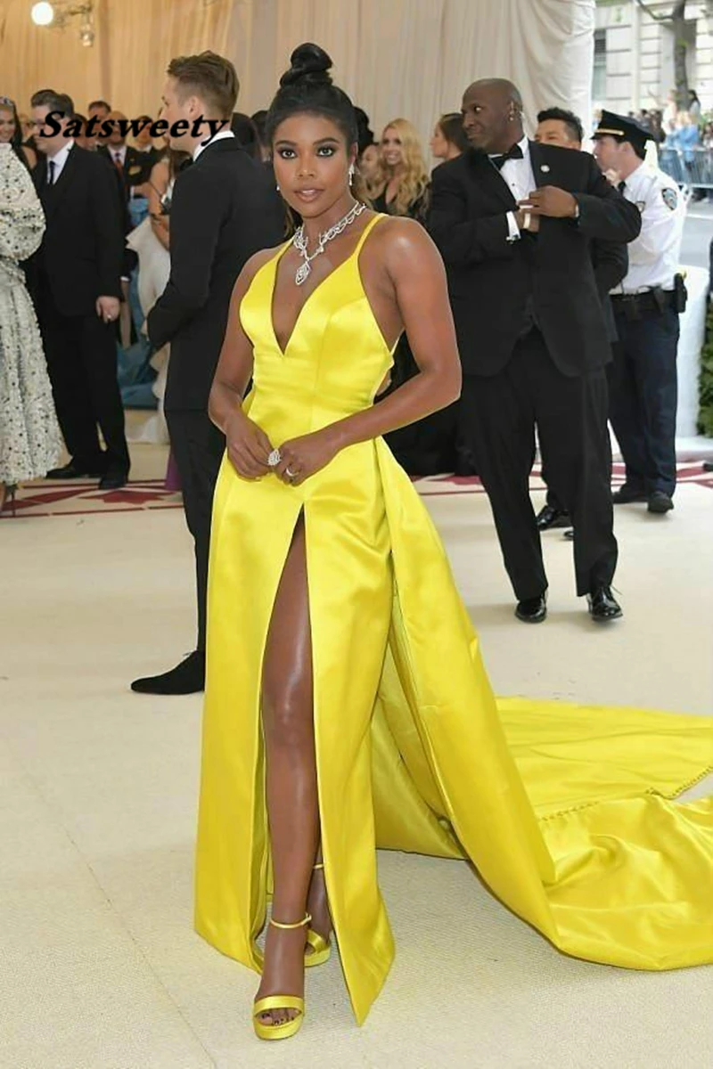 Satin Yellow Celebrity Evening Dress With Plunging V-Neckline Formal Party Gowns Vestido De Festa Longo Abiye Gece Elbisesi