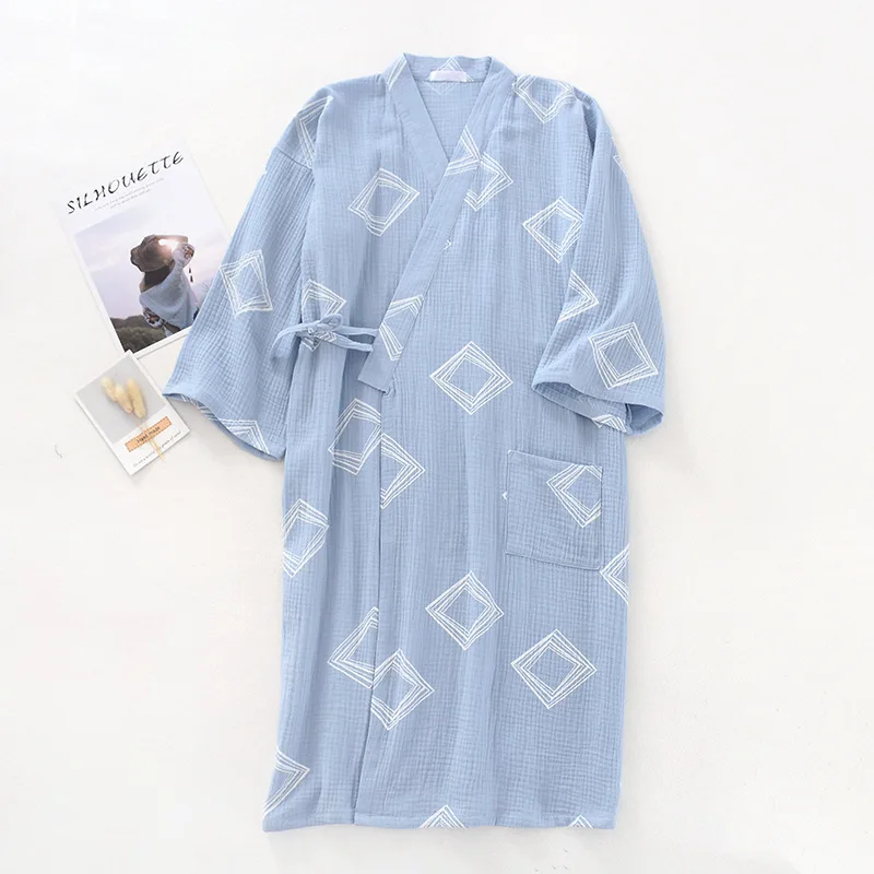 Summer Men Cotton Kimono Sleepwear V-Neck Loose Bathrobe Long Sleeve Nightgown Geometric Printing Robe Home Bath Robes