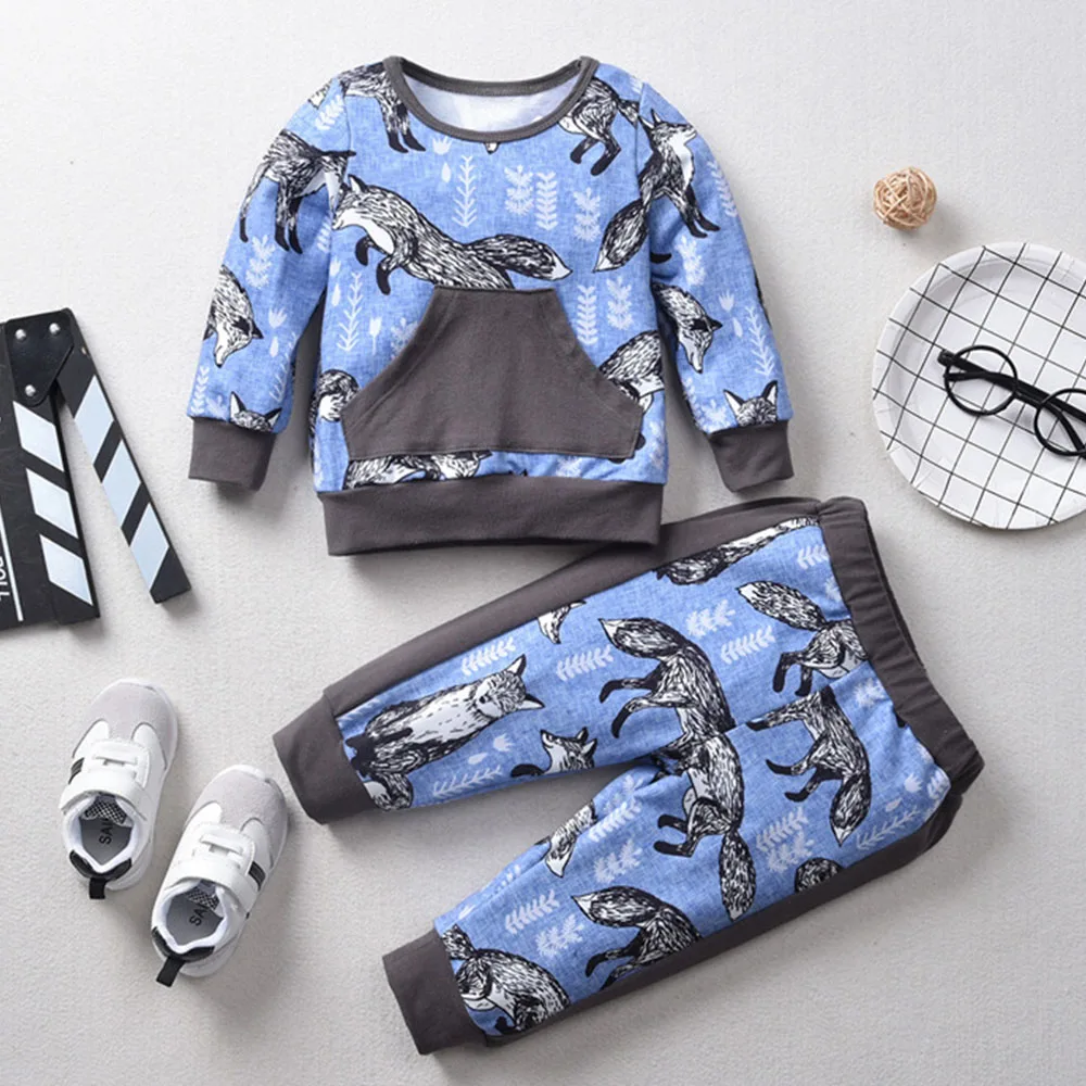 

Autumn Children Clothing Set Pocket Kids Outfits Fox Print Sweatshirt Pants Boy Clothes Set Toddler Boy Sets Patchwork Tracksuit