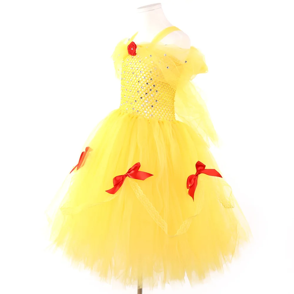 Yellow Flower Girls Party Tutu Dresses Rhinestone Shining Princess Children Birthday Wedding Clothes Toddler Baby Girls Dresses