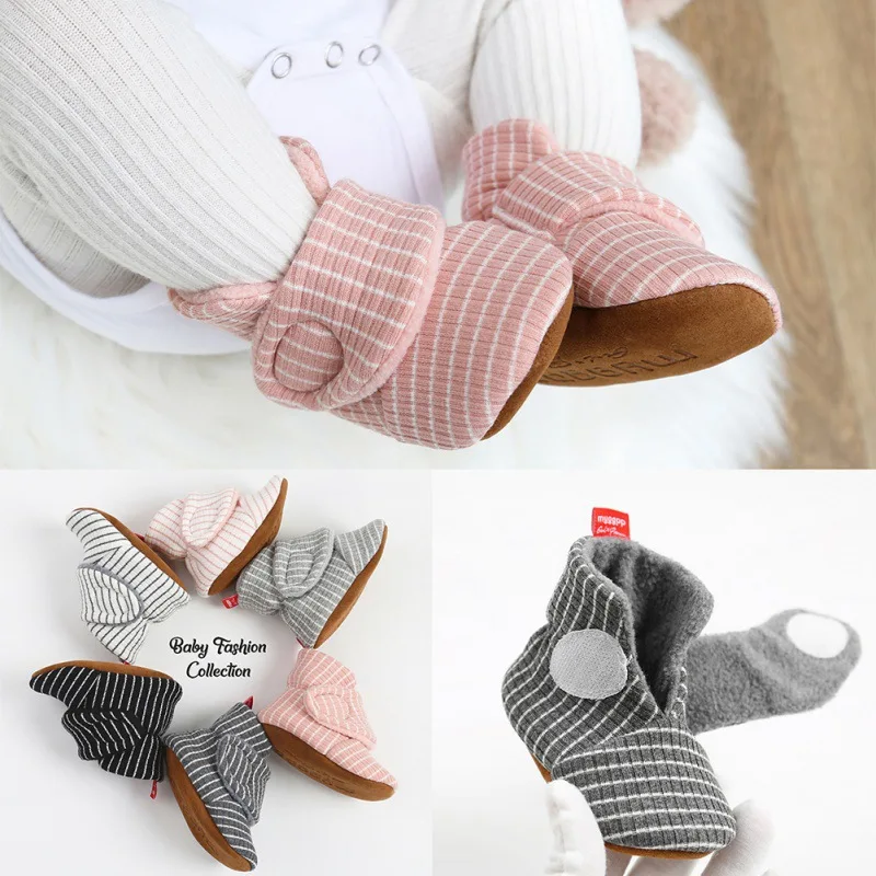 

Neswborn Baby Winter Warm Striped Shoes Infant Boy Girl Cotton Casual Plush Soft Soled Shoes Ins Frist Walking New Arrive