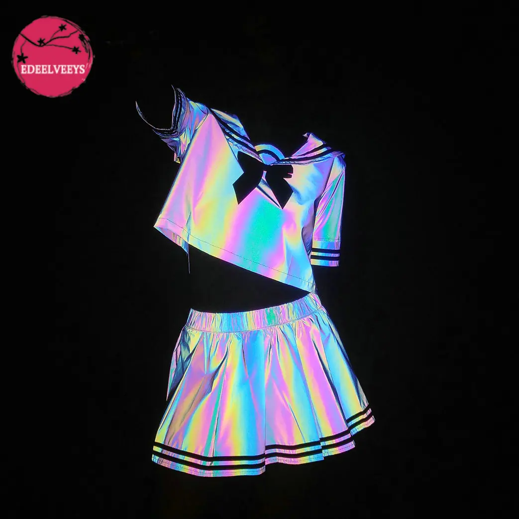 2in1 Lolita Cosplay Reflective Evening Party Schoolgirl Outfit for Womens Sailor Costumes Lingerie Set with Top Shirt Mini Skirt