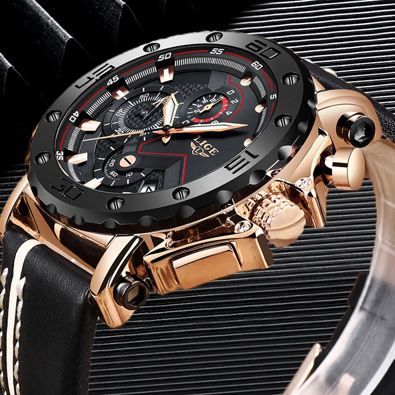 2023LIGE New Fashion Mens Watches Top Brand Luxury Big Dial Military Quartz Watch Leather Waterproof Sport Chronograph Watch Men