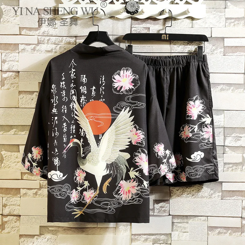 เสื้อ + กางเกงขาสั้นญี่ปุ่น Kimono Sun ป้องกันเสื้อผ้าฤดูร้อน Samurai Man เสื้อหลวมสั้นกางเกง Breathable จีนชุดผู้ชายชุด