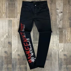 Y2k męskie czarne zgrywanie rozciągliwe dżinsy Skinny Slim Fit Hot Drill odzież w stylu punkowym i ulicznym Biker spodnie męskie wszystkie mecze spodnie jeansowe ołówkowe