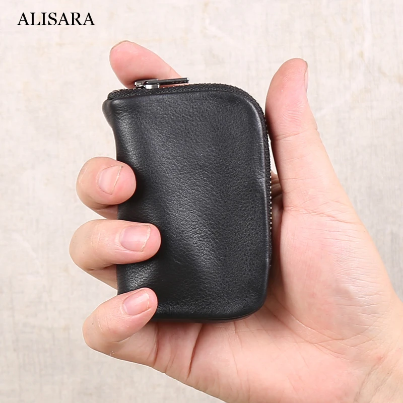 Alisara Car Key Bag Men Genuine Leather Luxury Zipper Key Wallets Women Casual Mini Housekeeper Case 100% Cowskin Small Purses