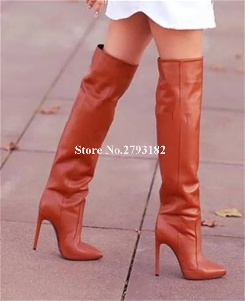 Women Fashion Pointed Toe Stiletto Heel Knee High Boots Slim Style Brown Suede Long High Heel Boots Club Dress Heels Big Size