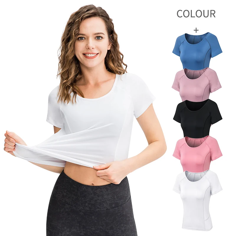 

Yoga Women Top Running Workout Gym Crop TopShort Sleeve Stretch Casual Exercise Women T-Shirts Fitness Sport Top