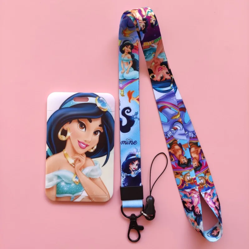 Disney Jasmine Aladdin Women\'s Name Card Covers ID Card Holder Students Bus Card Case Lanyard Visit Door Identity Badge