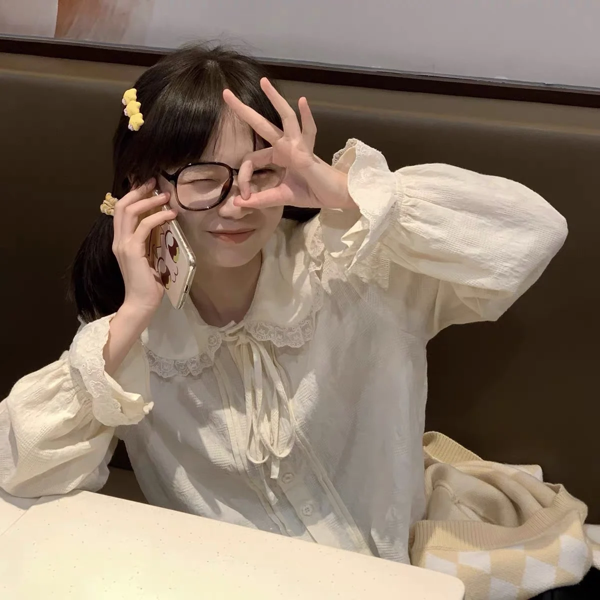 Shirts Women Peter Pan Collar Sweet Girl College Female Tops Casual Lace Younger Flare Sleeve Chic Ulzzang Spring Autumn Clothes