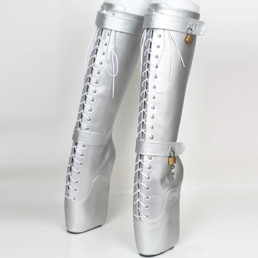 18cm Extreme High Heel Fetish Sexy Wedges Lace-up Buckle Heelless Ballet Boots unisex Lockable Knee-High Boots