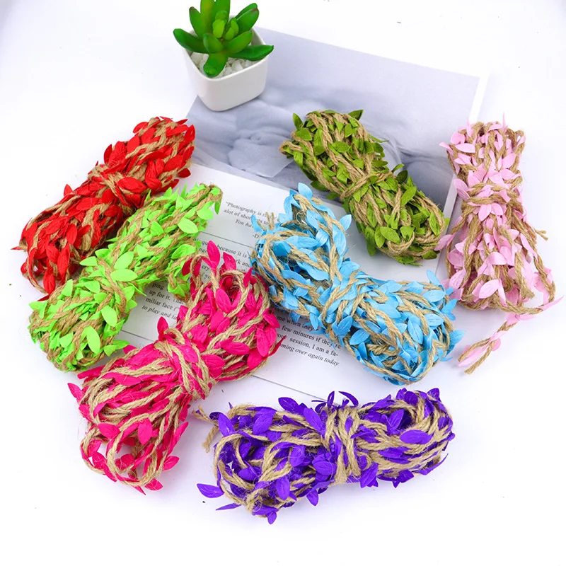 Colorful Artificial Leaf Natural Jute Twine Rope Burlap Ribbon Gift Wrapping Handmade Material DIY Home Wedding Party Decor 5M