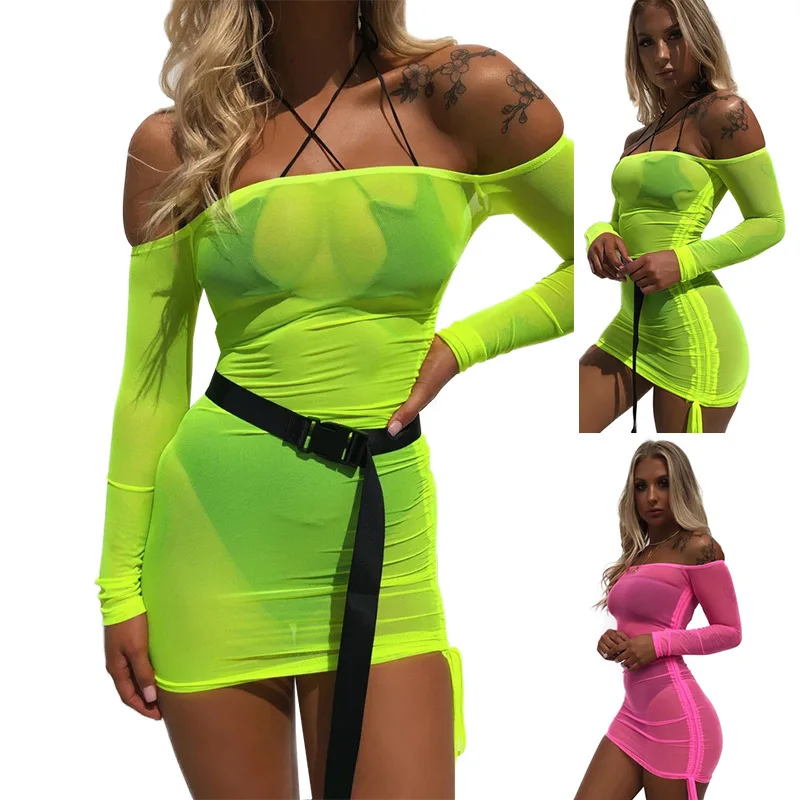 

BKLD New Dress Arrivals 2024 Autumn Off The Shoulder Sexy Mini Dress Neon Mesh See-through Long Sleeve Bodycon Dress Women