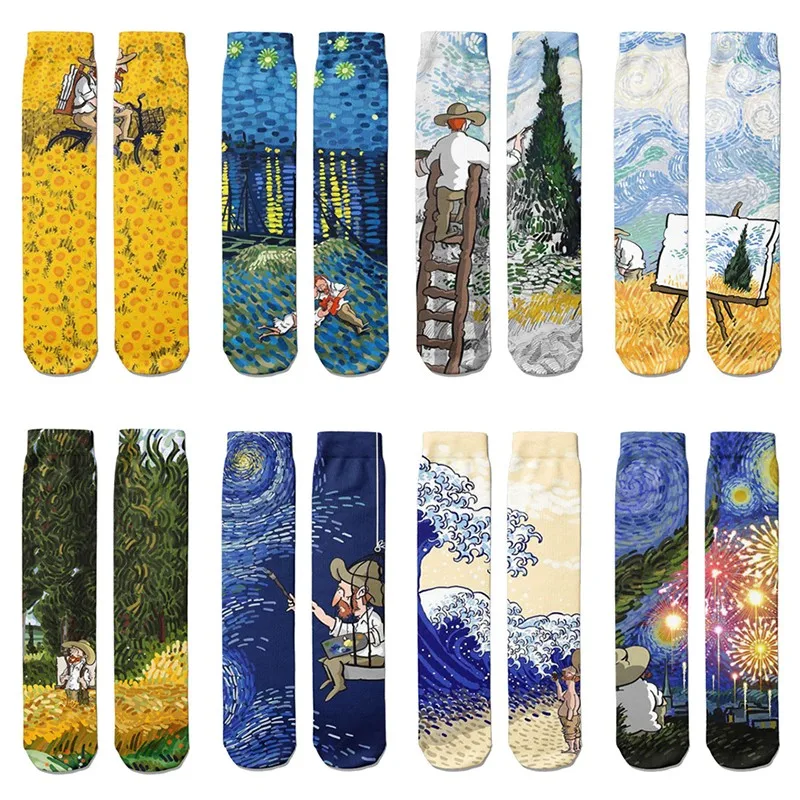 Chaussettes en coton de dessin animé Van Gogh pour femmes, Kawaii, droites, décontractées, douces, drôles, longues, créatives, printemps, automne,