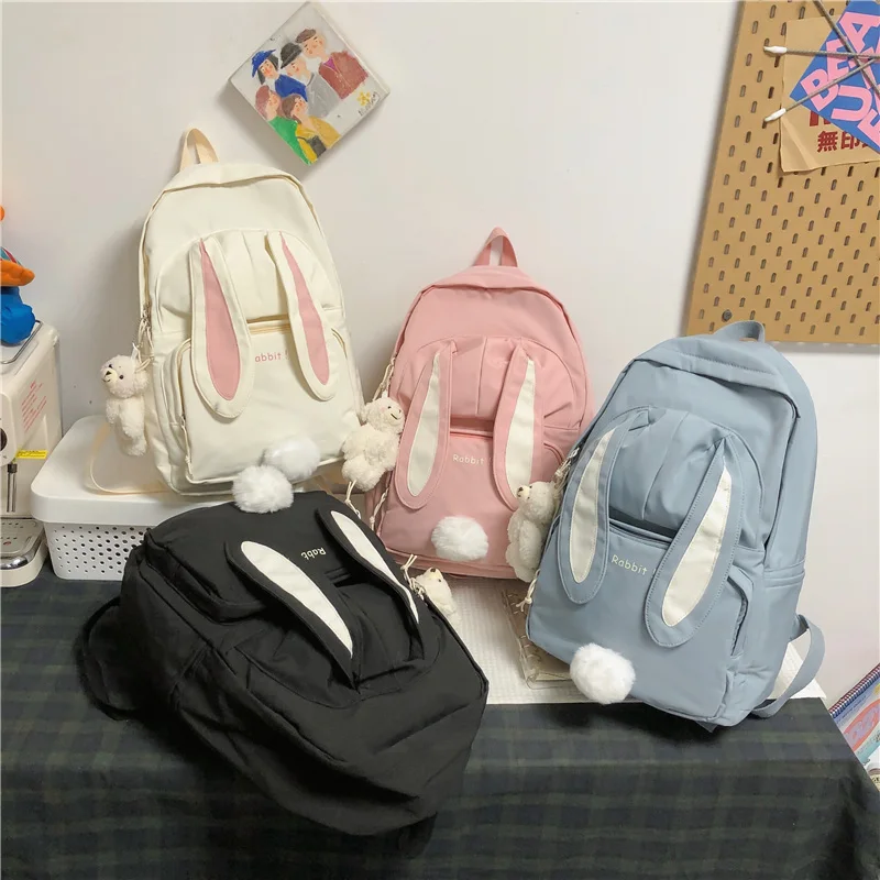 Cute Rabbit Young Girl School Backpack Female Large Capacity Kawaii Back Pack Mochila Pink Women Bagpack Nylon Cartoon Schoolbag