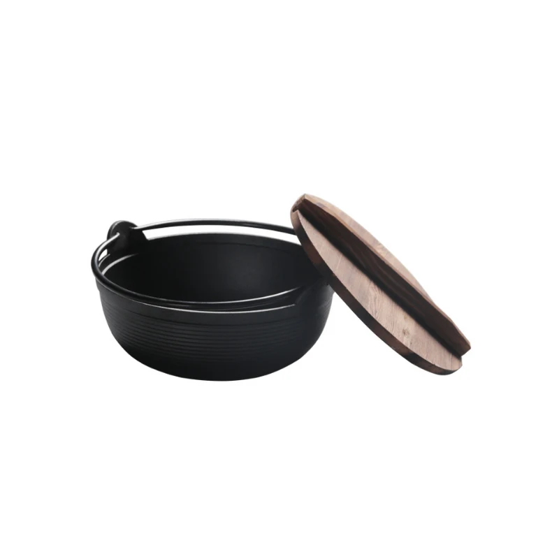 Cast Iron Stew Pot with Wood Cover, Japanese Sukiyaki Stew Pot, Uncoated, Outdoor Field Hanging Pot, 2-3 People Use, 25cm