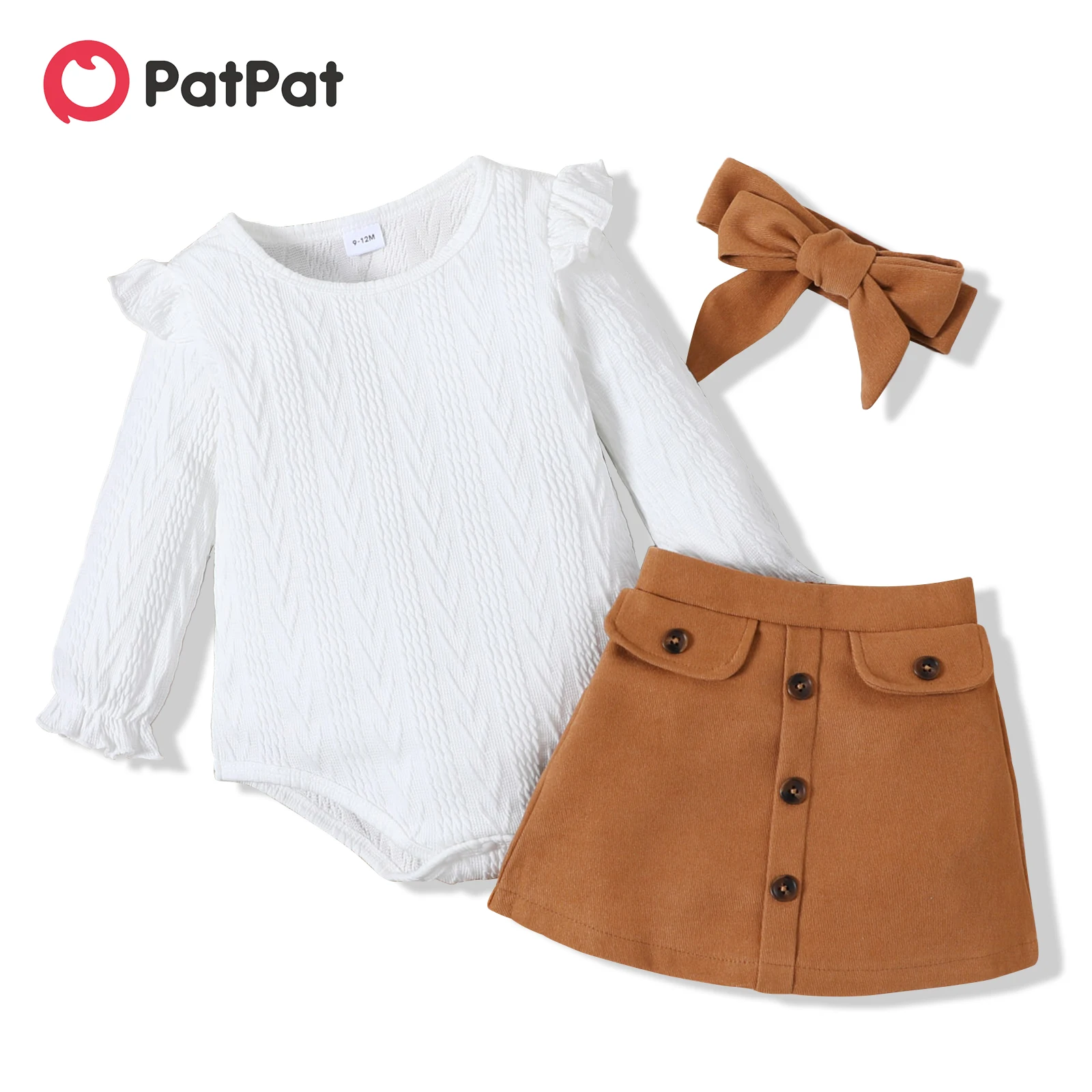 

PatPat 3-piece Baby Girl Ruffled Cable Knit Textured White Sweater, Button Design Brown Skirt and Headband Set