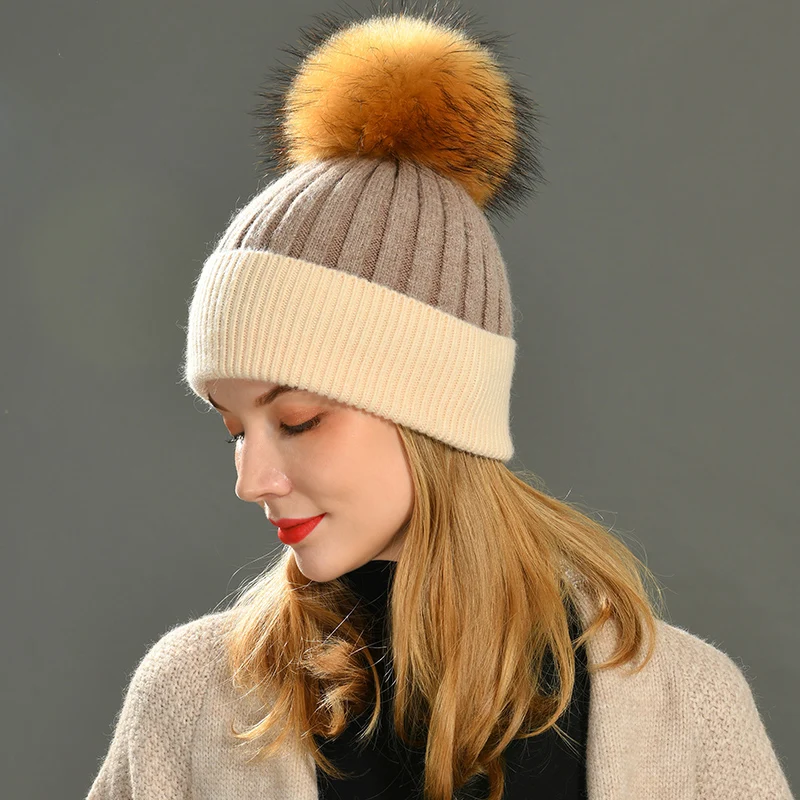 Jxwatcher Women Winter Fur Ball Cap Cashmere Hats Beanie Cap Woman Female Warm Rabbit Fur Blend Knitted Fur Ponpon Hat Caps