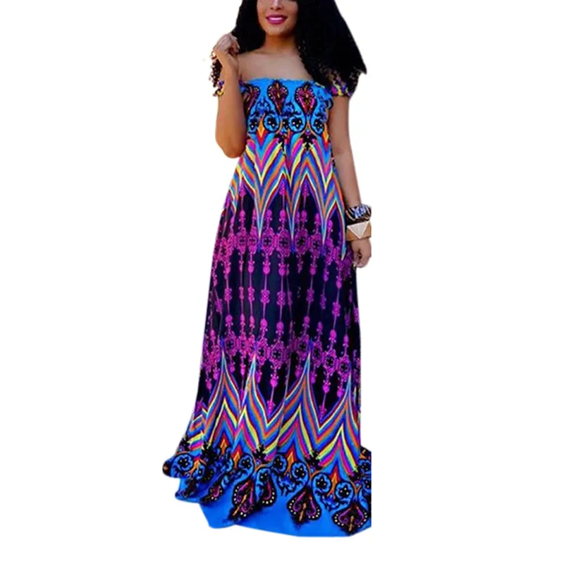 Mùa Hè Phong Cách Bohemian Đầm Maxi Dài Lệch Vai Nữ Rời Tầng Dài In Đời Boho Ngày Lễ Bãi Biển Áo