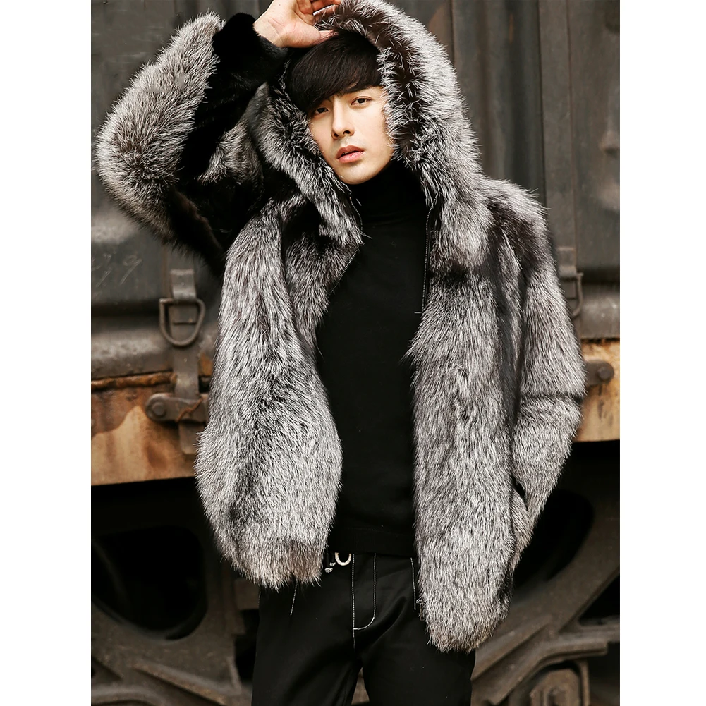 Denny&Dora New Men's Gold Fox Fur Coat Fashion Hooded Fur Jacket Mens Winter Coat Leather Jacket