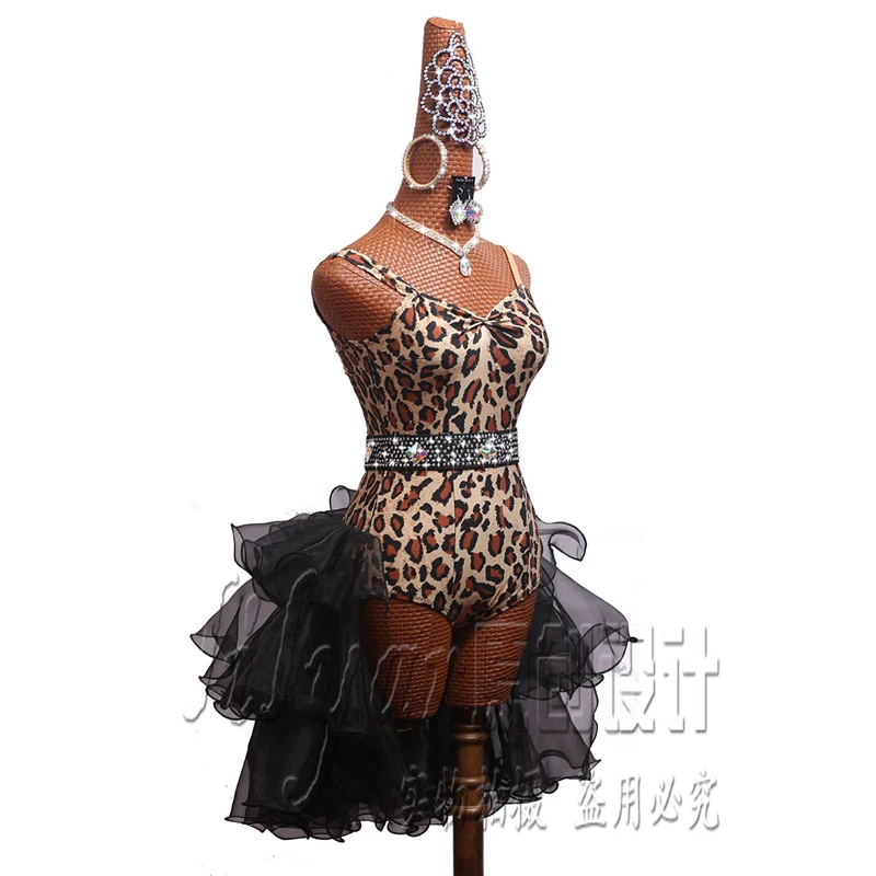 Latin Dance Competition Dress Show Adult Custom Leopard Print Sexy Slim Fit Black Dance Dress