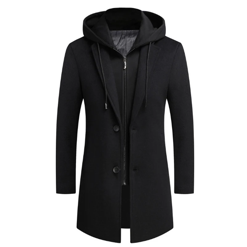 New Men Winter Wool Coat Thick Hooded Men Wool Blends Coats British Style Long Windbreaker Jacket Woolen Overcoats