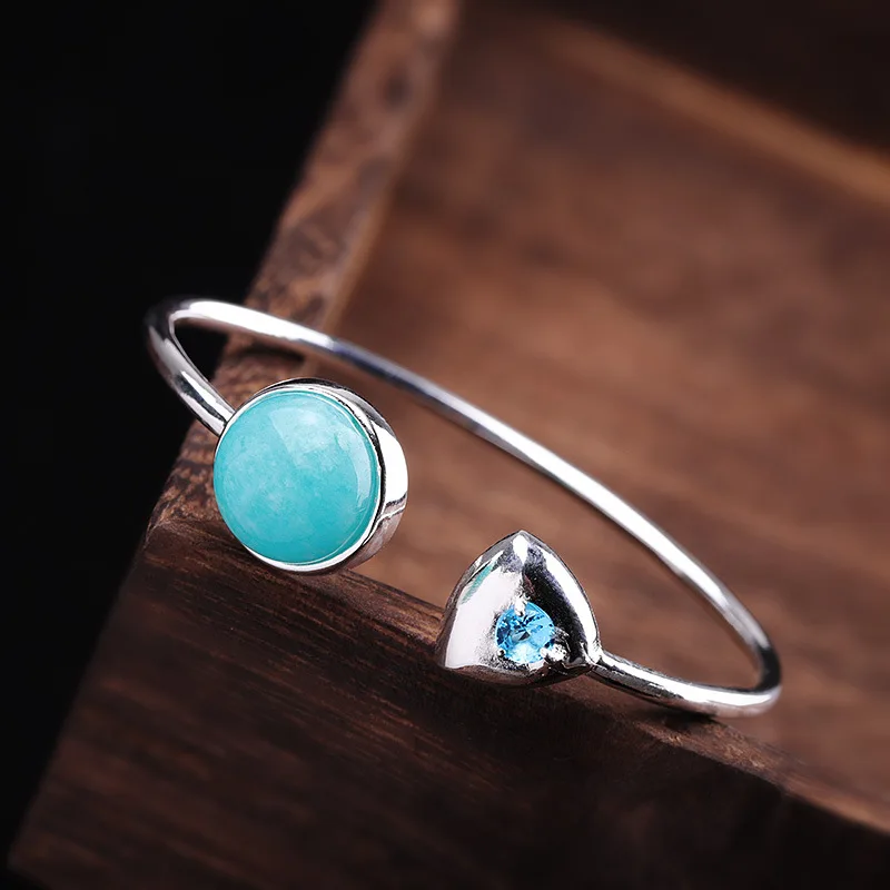 Natural Amazonite Bangles for Women Asymmetrical Design Geometric Round Triangle Open Bangles 925 Silver Jewelry