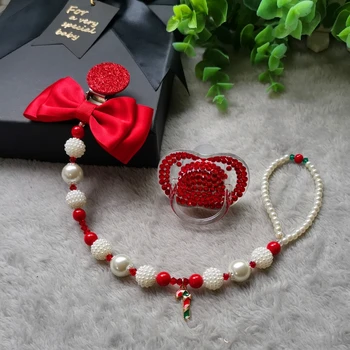 Clipes personalizados do coelho chupeta para o bebê menina, Dollbling bebê Natal, titular do manequim, pérolas jóias, nome Santa Chupeta