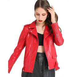 LUHAYESA-Chaqueta clásica de cuero genuino para mujer, abrigo ajustado de piel de oveja auténtica, color rojo, marrón y negro