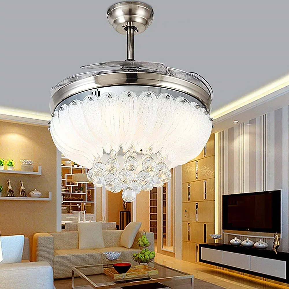 42Inch Crystal Ceiling Fans Lights Invisible Retractable Blades Remote Dimmable Chandelier Silent Motor LED Lighting Fixture