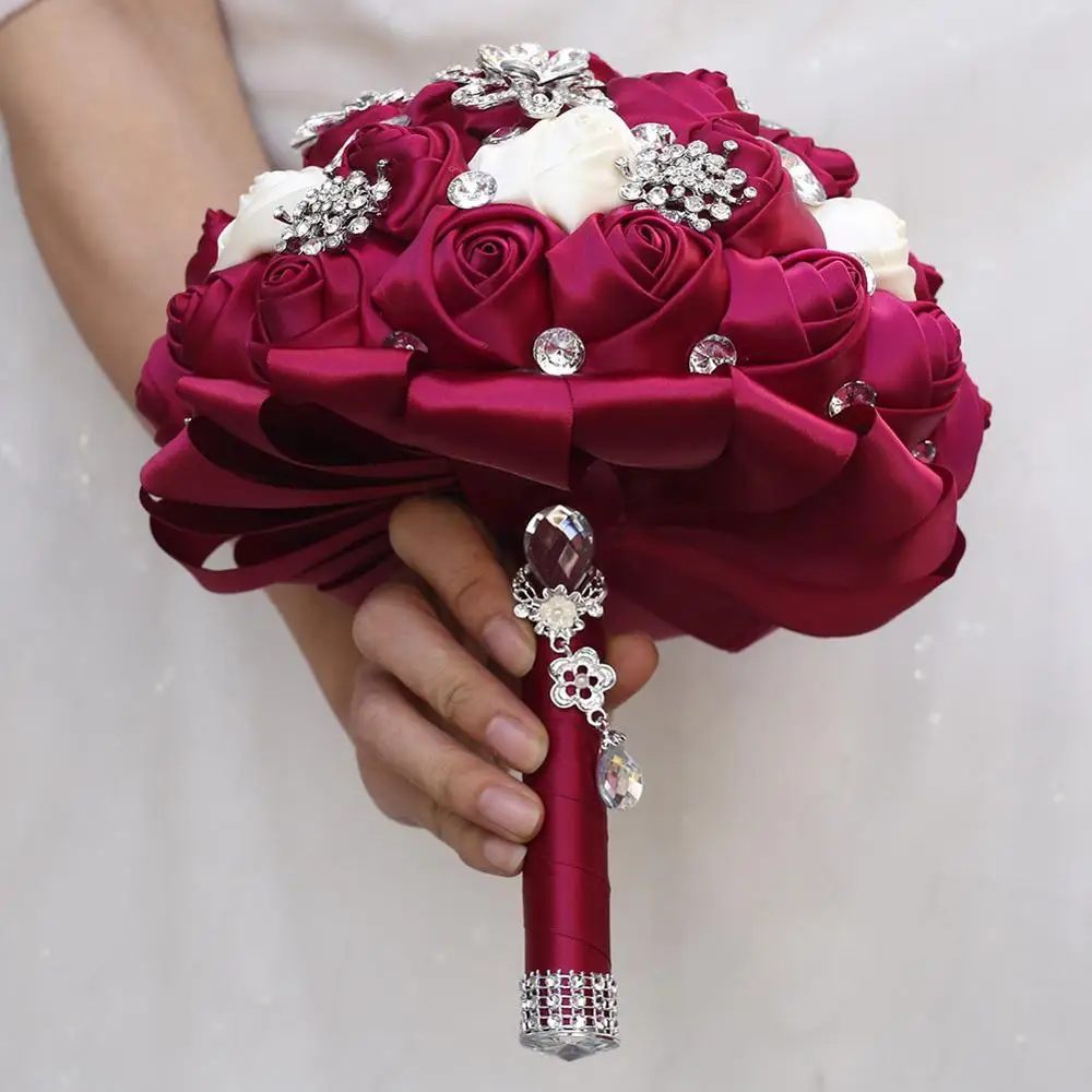 Janevini Mewah Fuchsia Berlian Buatan Bunga Pernikahan Karangan Bunga Kristal Buatan Satin Mawar Bridal Bouquet untuk Pernikahan Aksesoris