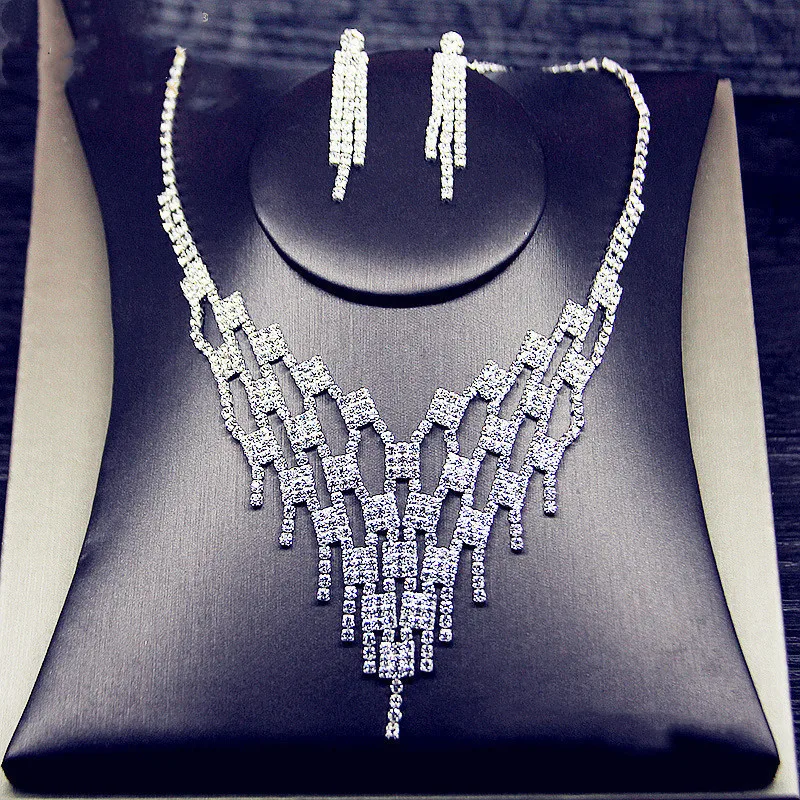 FYUAN Luxury Geometric Rhinestone Necklace Earrings For Women Long Tassel Bridal Weddings Jewelry Sets