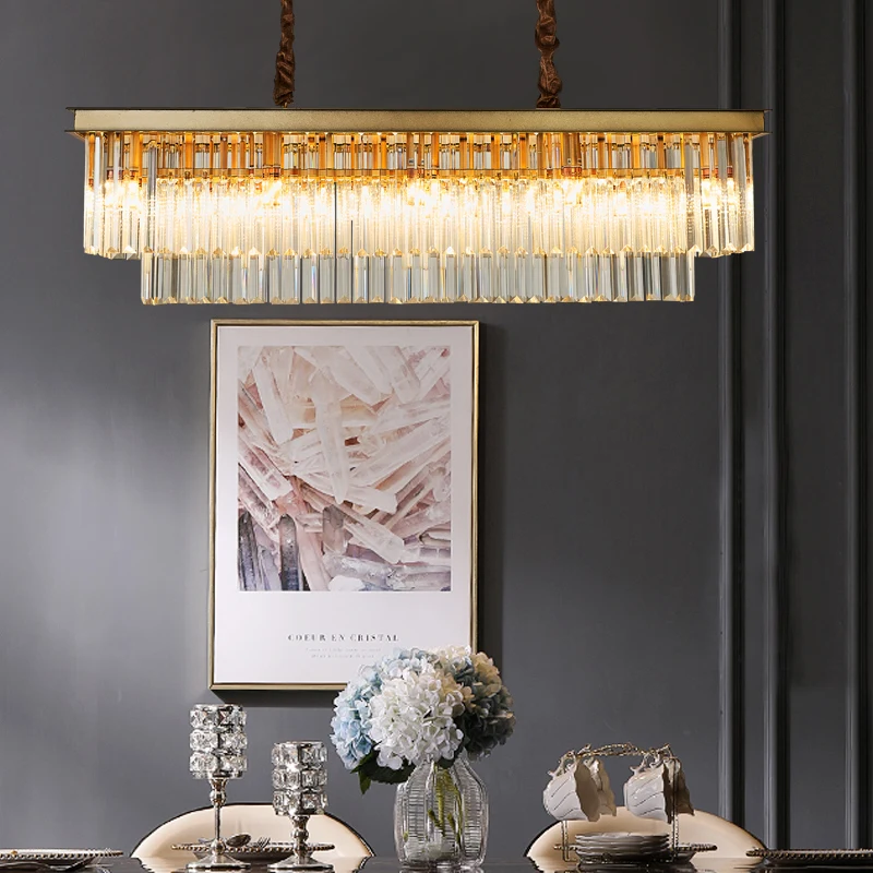 Biewalk Modern Golden Crystal Chandelier Rectangular Lighting Living Room Dining Room LED Interior Lighting Fixtures