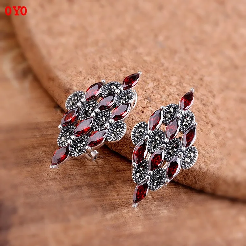 

Thai silver fine earrings real 925 sterling silver jewelry diamond women's natural pomegranate red earrings