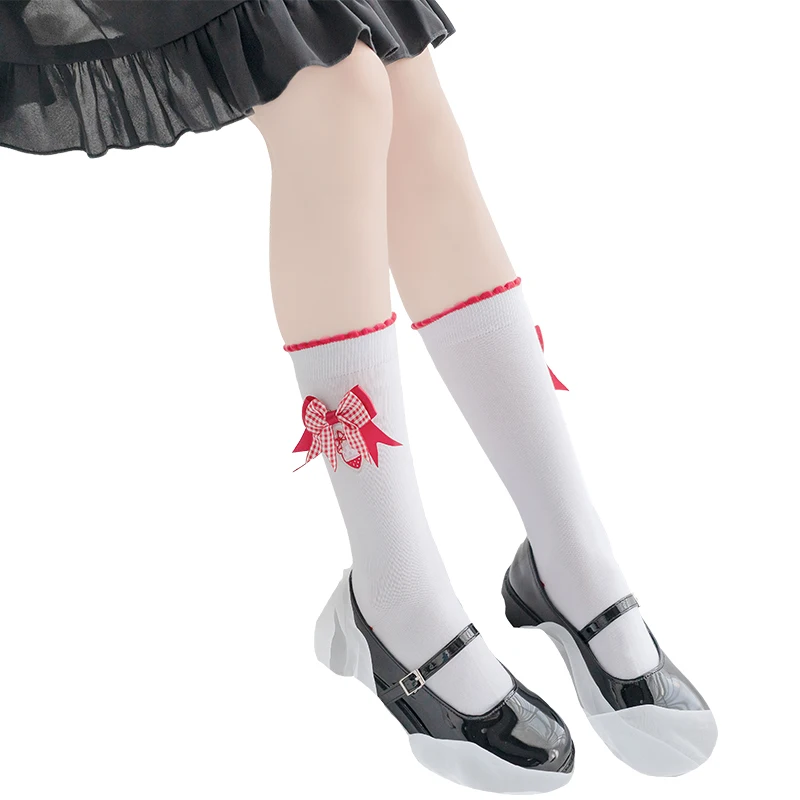 Japanese Lolita Kawaii Strawberry White Socks Cotton Cute Sweet Bow Under Knee Long Socks School Girl Cosplay Jk Uniform Socks