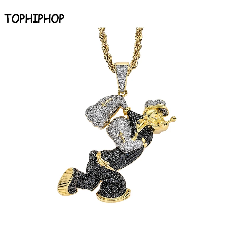 

TOPHIPHOP Bling Iced Out Popeye shape Necklace & Pendant With AAA Cubic Zircon Gold Men's Women Hip hop Rock Jewelry