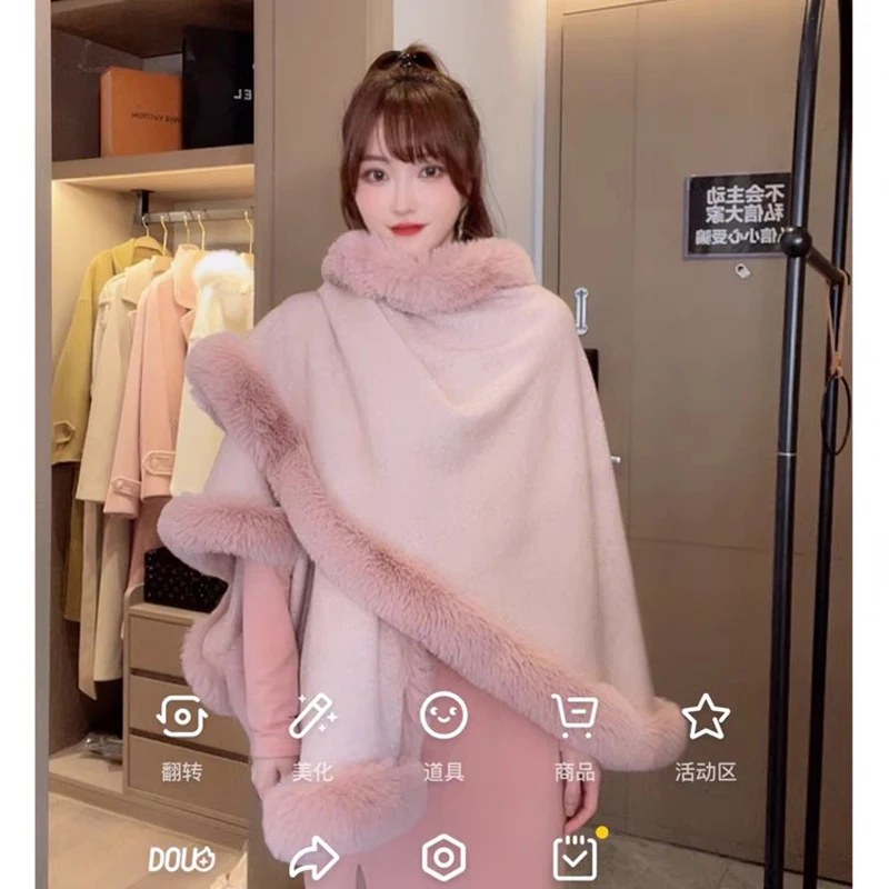 

Full Trim Faux Rex Rabbit Fur Cape Coat Long Bright Yarn Knit Acrylic Cashmere Shawl Winter Women Cloak Fashion Warm Wraps