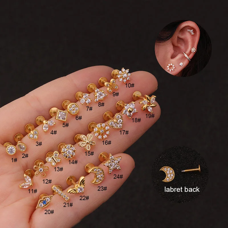 2021 New Goth 1Pc Flat Labret Back Ear Piercing Jewelry Crystal Cz Mini Cartilage Helix Daith Conch Rook Tragus Earrings Stud