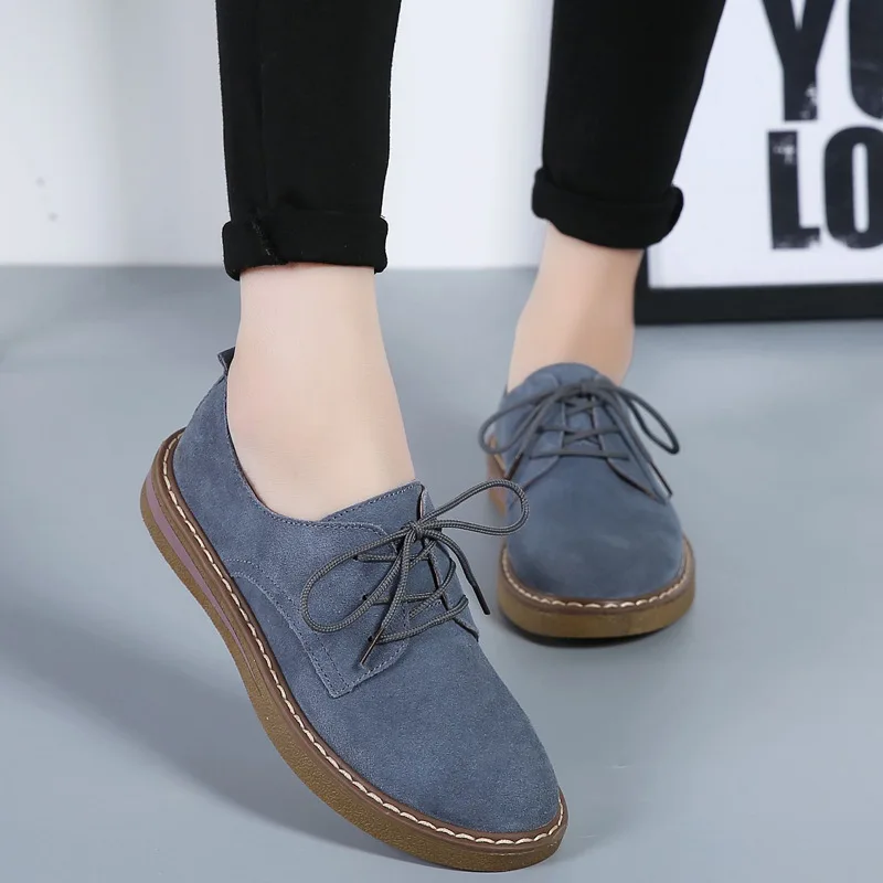 2022 Spring Women Flats Shoes Women Sneakers Leather Suede Lace Up Boat Shoes Round Toe Flats Moccasins Oxford For Women