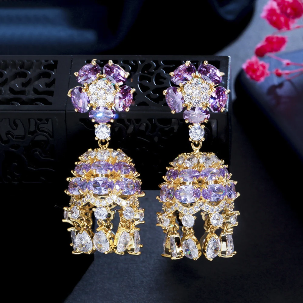 

ThreeGraces Bohemian Purple Cubic Zirconia Crystal Long Bell Tassel Dangle Earrings for Women Indian Wedding Fine Jewelry E1315