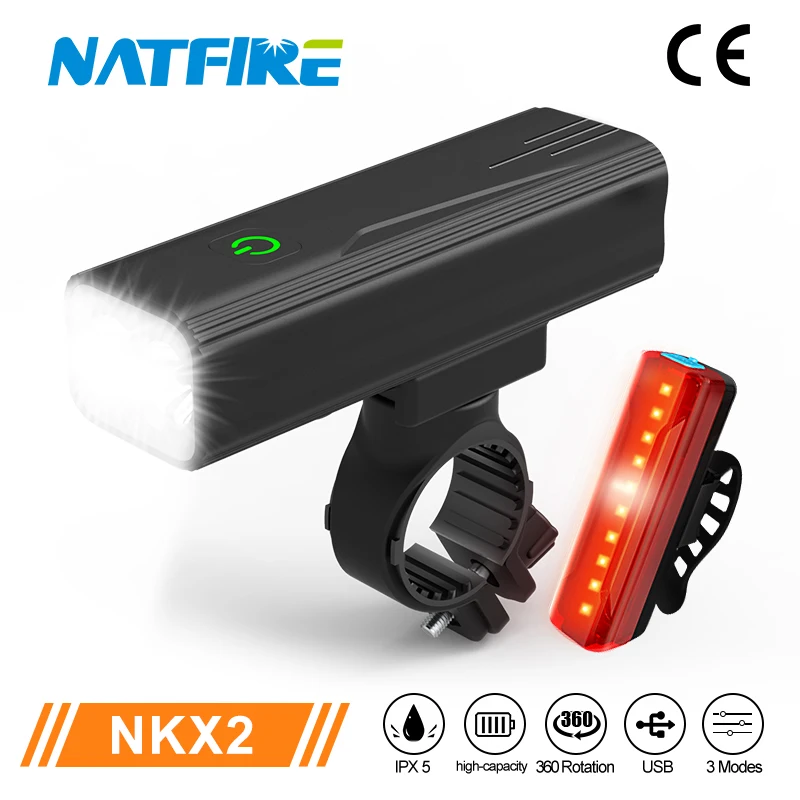 NATFIRE NKX2 Bicycle Light 3 in 1 LED Headlight Flashlight USB Rechargeable with Rear Light Taillight 6-12 Hours Runtime Lantern