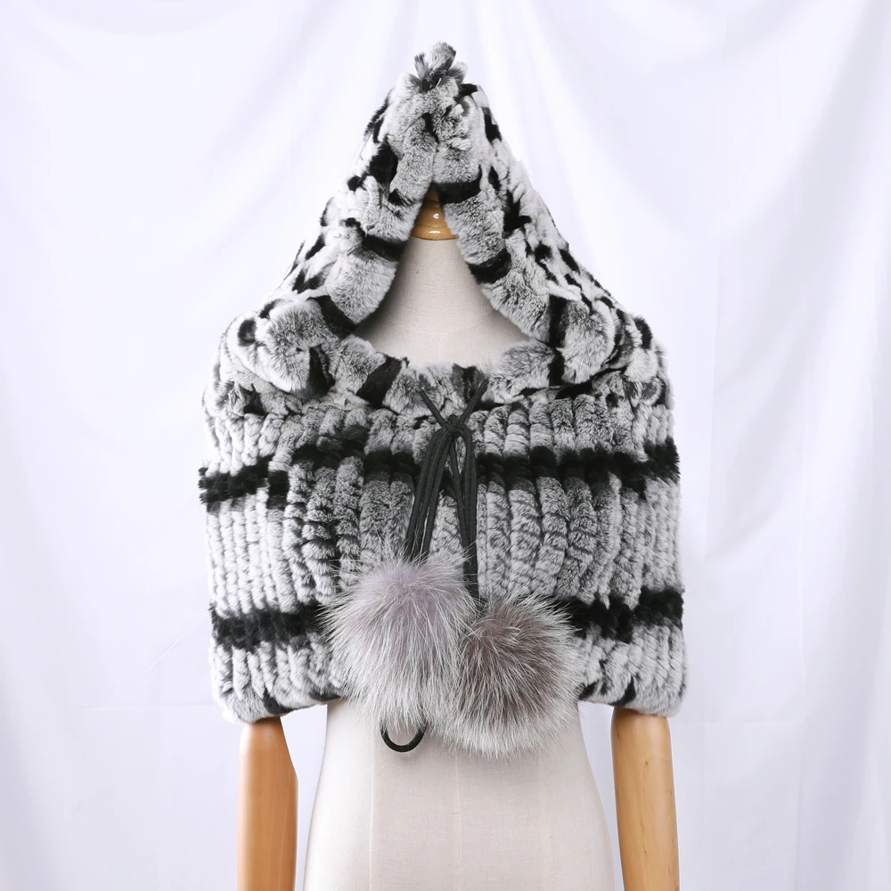 Real Rex Rabbit Fur Knitted Women Winter Hooded Pullover Shoulder Cape Lady Amice Fashion Cappa Tippet Thurg Stole Neck Warmer