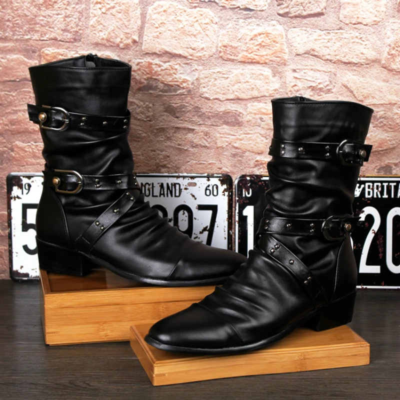 mens fashion punk nightclub dresses black high boots cowboy genuine leather shoes warm cotton winter boot zapatos long botas man