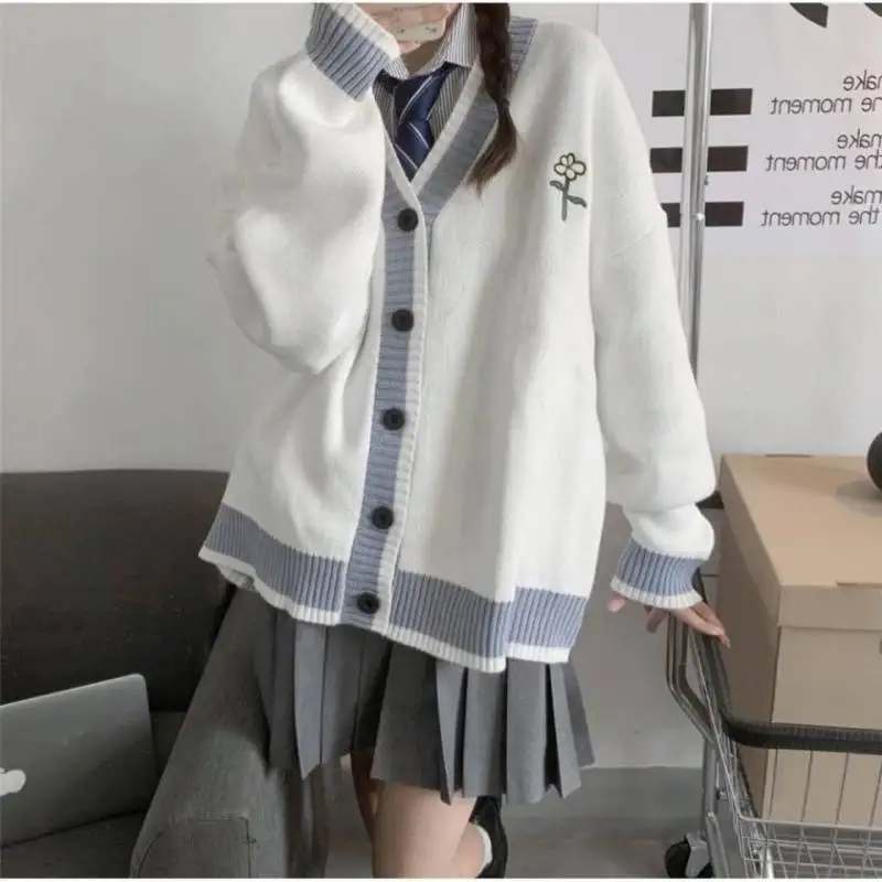 Japanese School Basic Sweaters Women Autumn Kawaii embroidery V-neck Loose Knitted Cardigan Preppy Style JK Uniform Cosplay