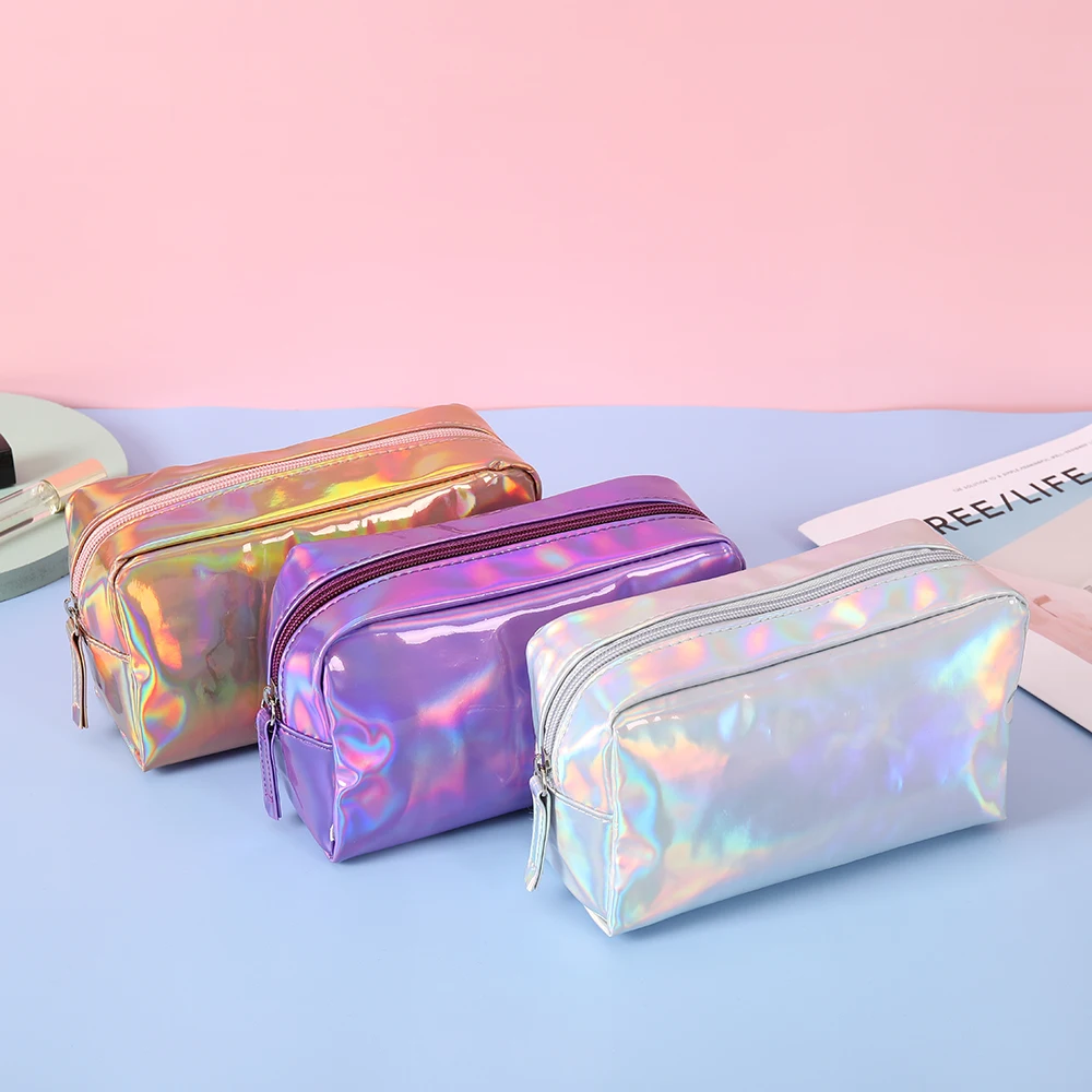 Letter Holographic PU Cosmetic Bag Portable Square Laser Makeup Case Organizer Wash Storage Pouch