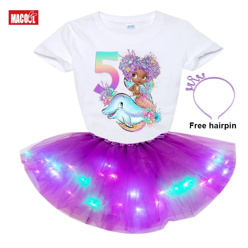 Girl Birthday Tutu Dress Sets Black Mermaid Dolphint Shirt Set Princess Girl Set Dress Party Light Dress+t Shirt 3 4 5 6 7 Years