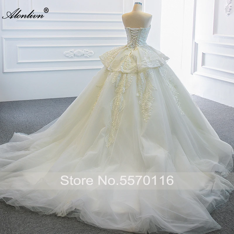 Alonlivn-vestido de novia con apliques únicos, vestido de novia con escote corazón, sin mangas, con cordones escalonados, faldas de novia de Organza sedosa