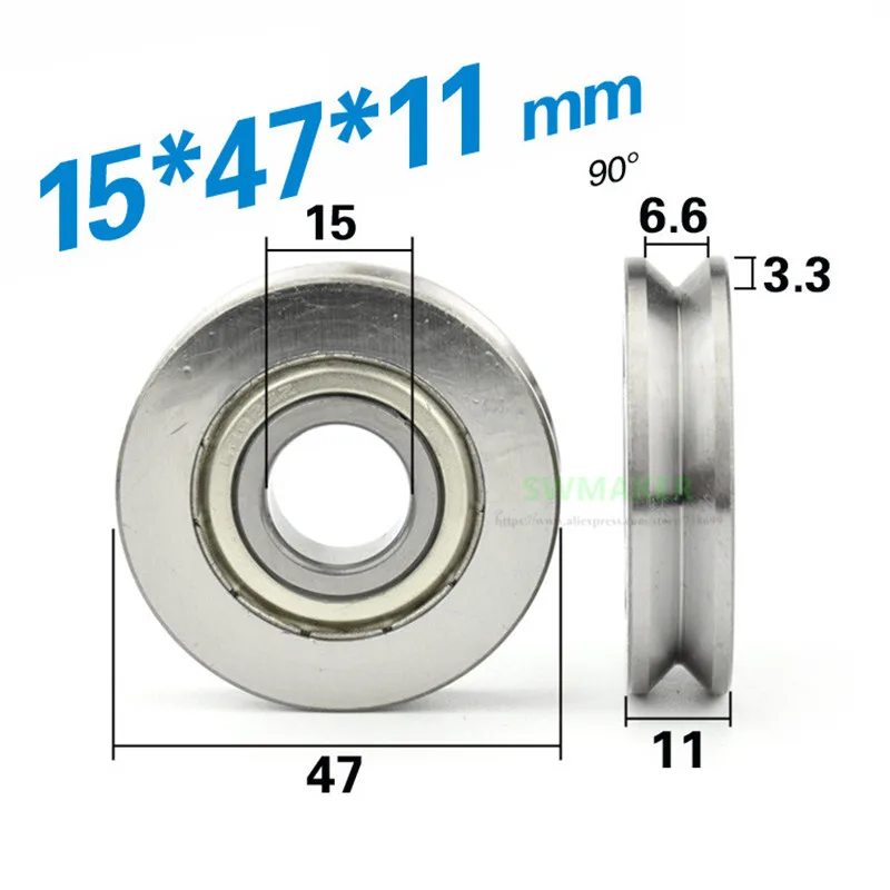 1pcs 15*47*11mm non-standard 6002 bearing U groove wheel V wheel, 6mm track wheel guide wheel/rolling bearing pulley