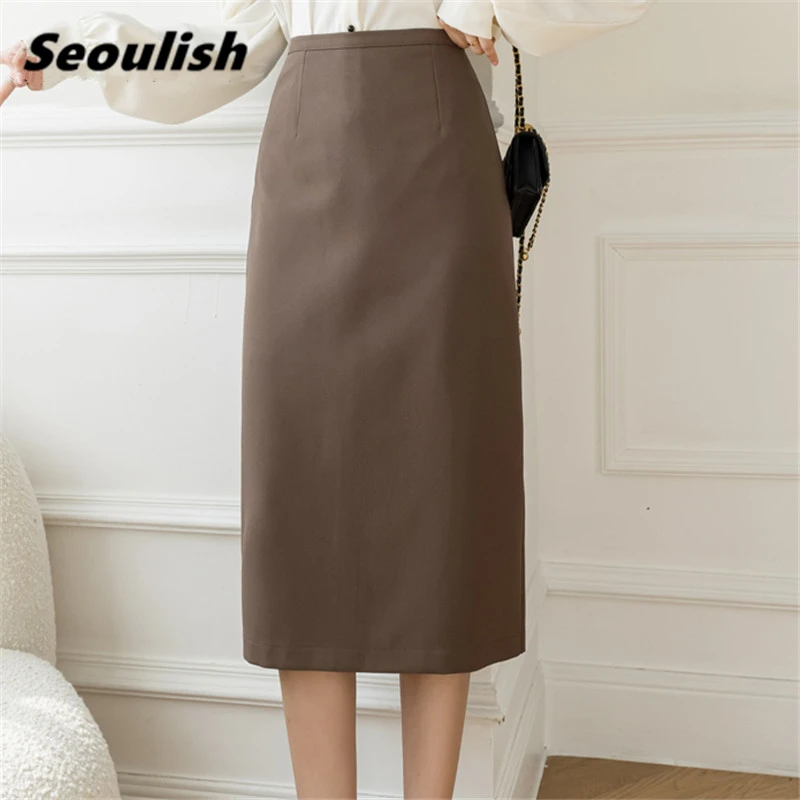 

Seoulish 2021 New Autumn Women's Wrap Skirts Vintage High Waist Solid Office Ladies Casual Work Wear Pencil Midi Skirts Female